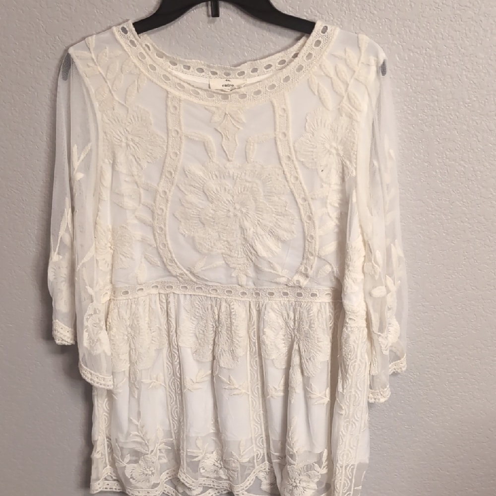 entro Lacy Cream Embroidered Boho Tunic Top